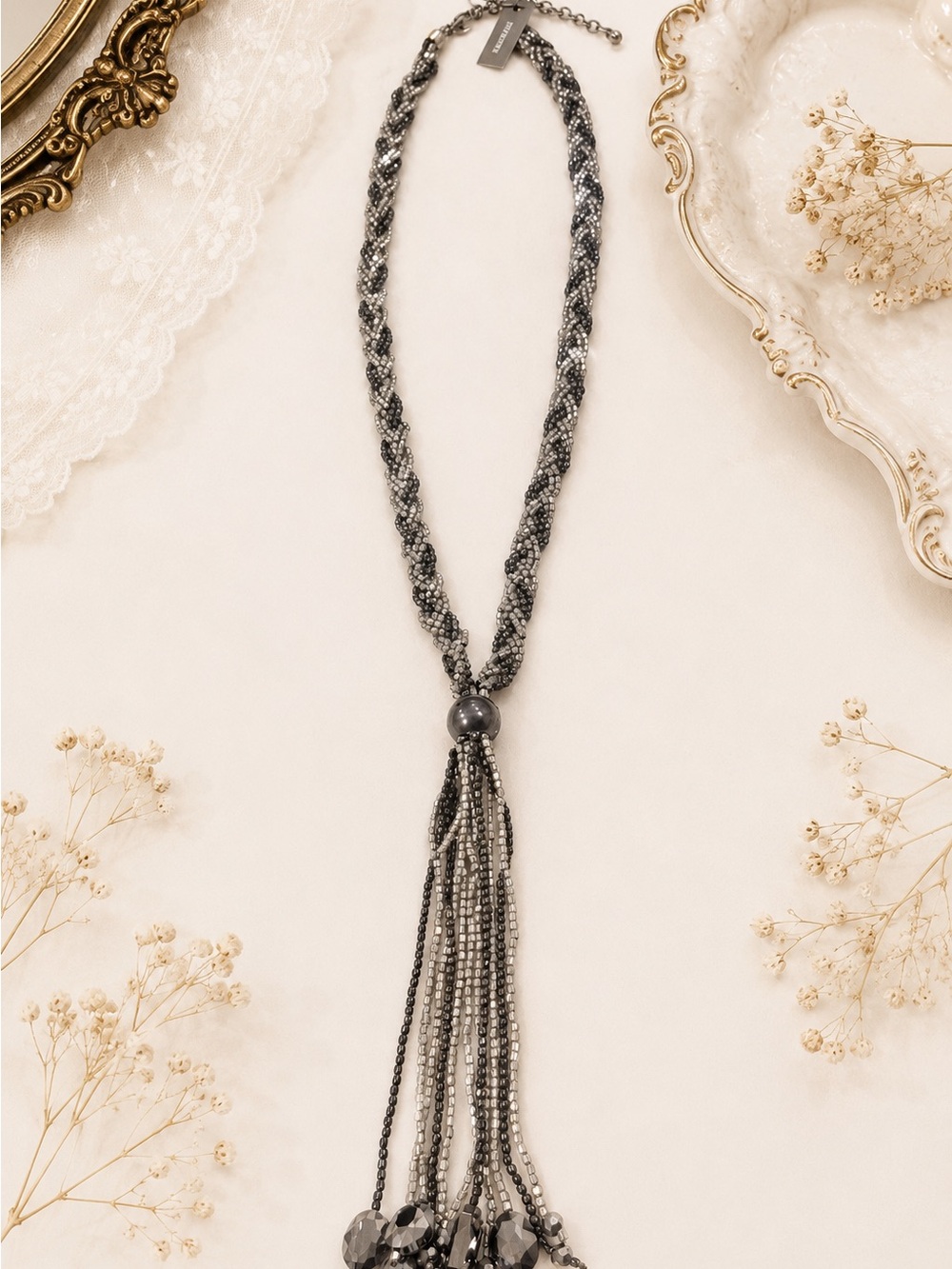 Chicos chunky Beaded elegant Tassel long Necklace Gunmetal silver elegant gift